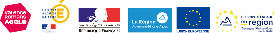 Partenaires : Valence Romans Agglo, Ministère de l'Éducation Nationale, Région Auvergne-Rhône-Alpes, Union Européenne, L'Europe s'engage en région Auvergne-Rhône-Alpes avec le FEDER